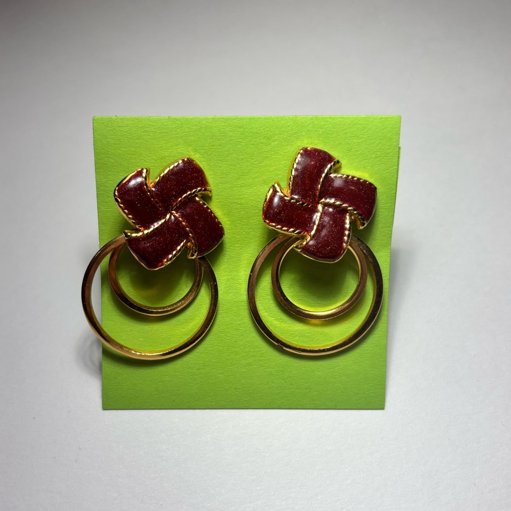 Red Pinwheel Earrings with Gold Hoops